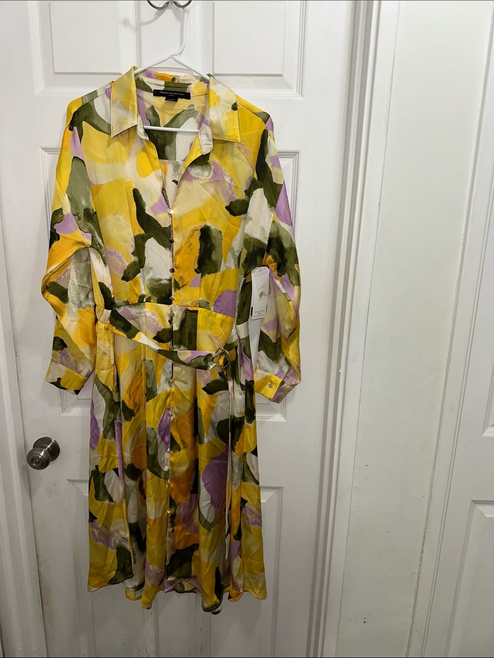 French Connection Abstract Button-Front Midi Dress in Yellow, Olive & Lavender